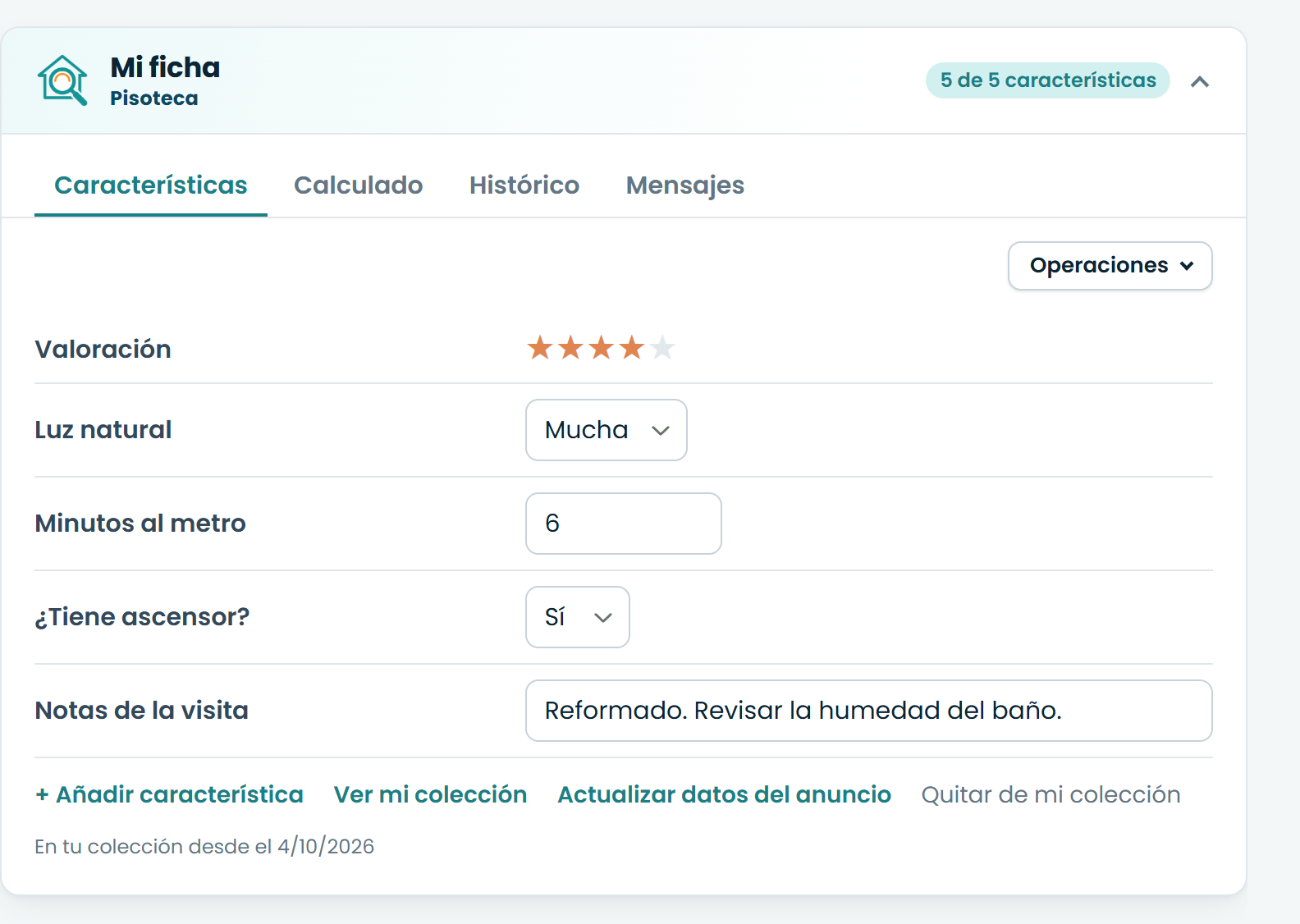 «Mi ficha» de Pisoteca dentro de un anuncio, con características propias rellenas